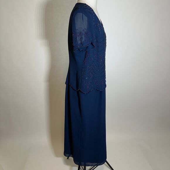 NWT R&M Richards Navy Blue Evening Cocktail Beaded Dress Womens Petite Size 16P - Picture 4 of 12